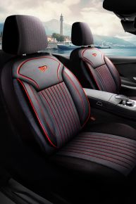 Fundas de asiento PRAG negro-rojo para AUDI Q5 - fundas de asiento elegantes y duraderas, instalación fácil