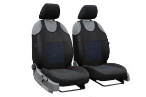 Fundas de asiento universales de tela MOTIVE aptas para Daewoo Matiz, negras con costuras azules, 2 pcs
