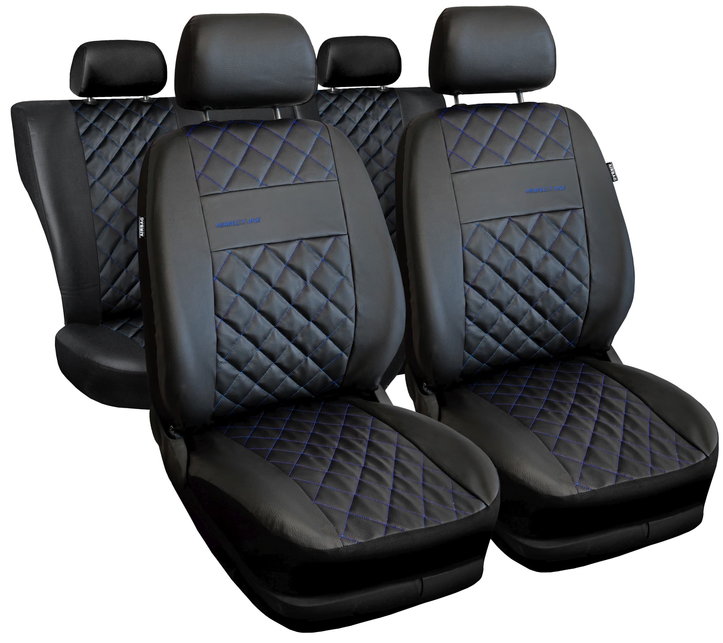 Juego de fundas de asiento universales Perfect Line negras con costuras azules