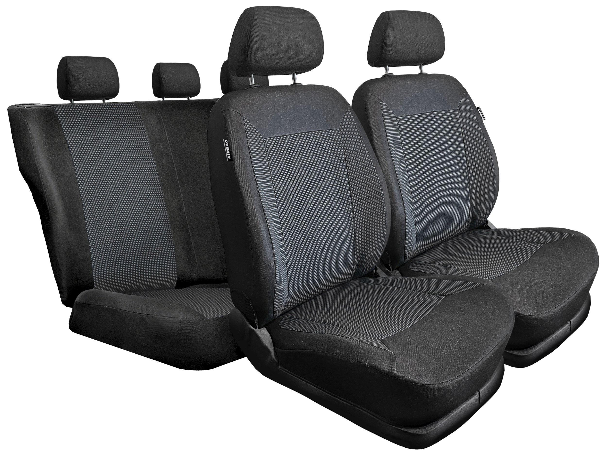 Fundas de asiento ROYAL negras y gris oscuro en asientos delanteros y banqueta trasera