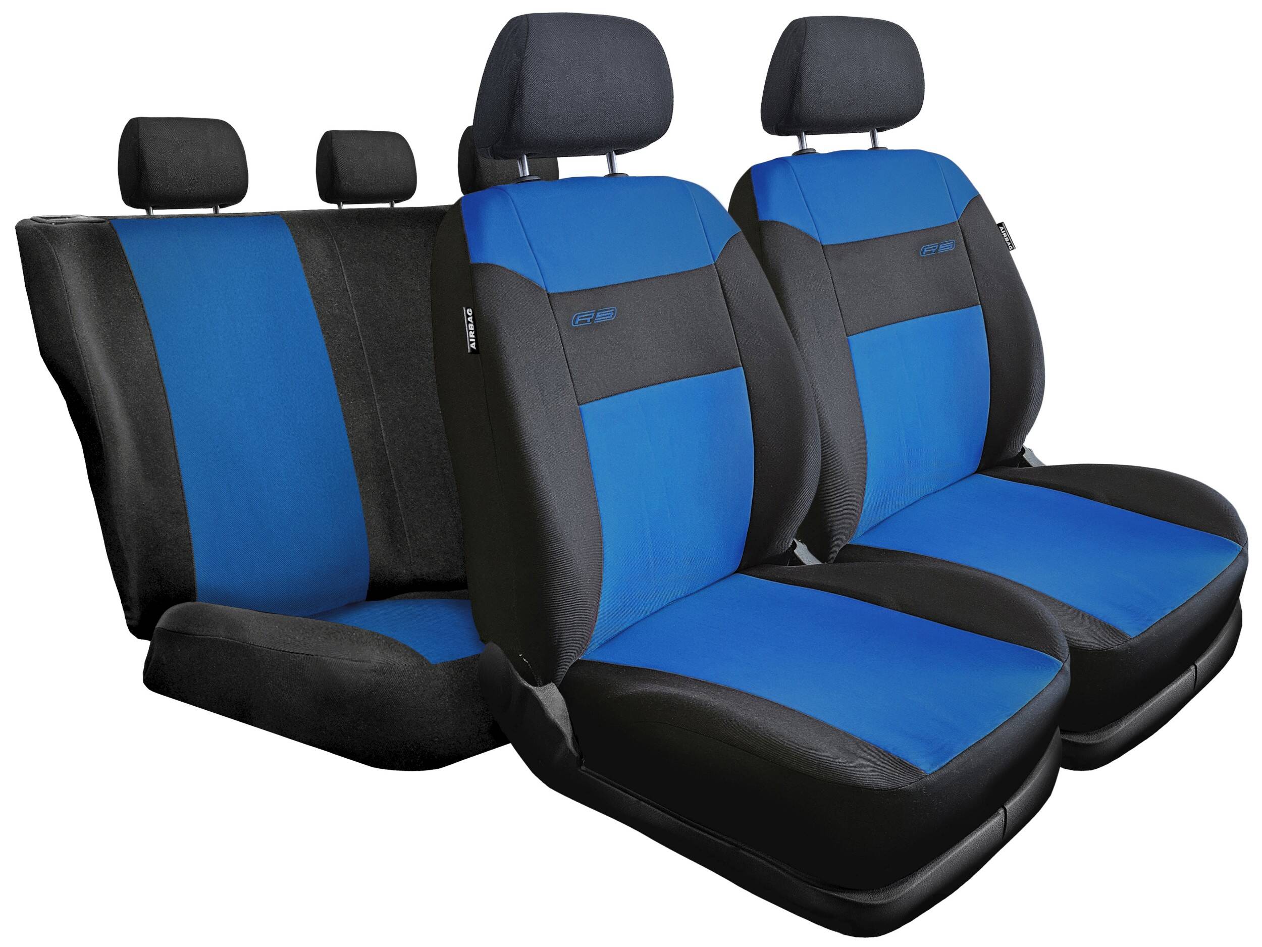 Fundas de asiento RS azules y negras en asientos delanteros y banqueta trasera