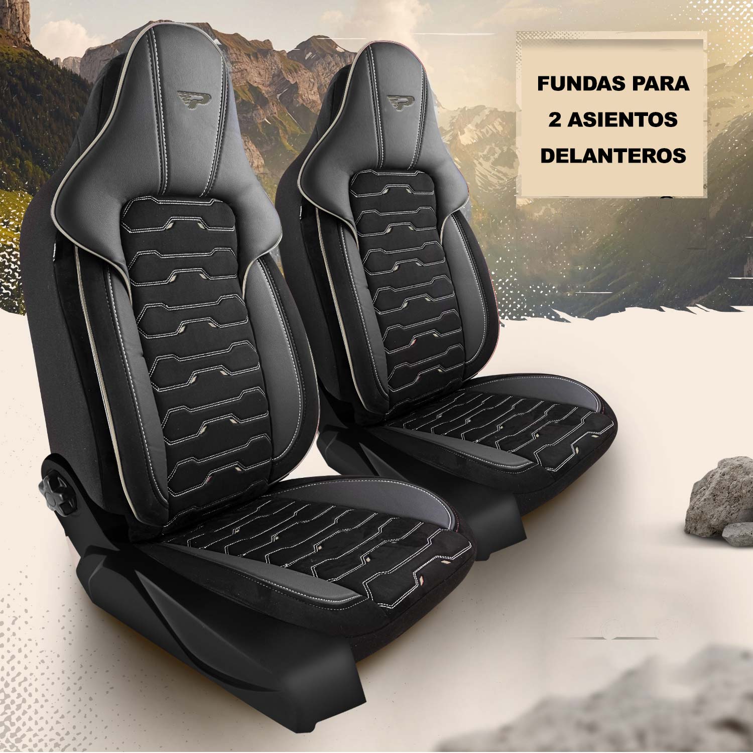 Fundas de asiento Beirut para 2 asientos delanteros en acabado negro con ribete beige