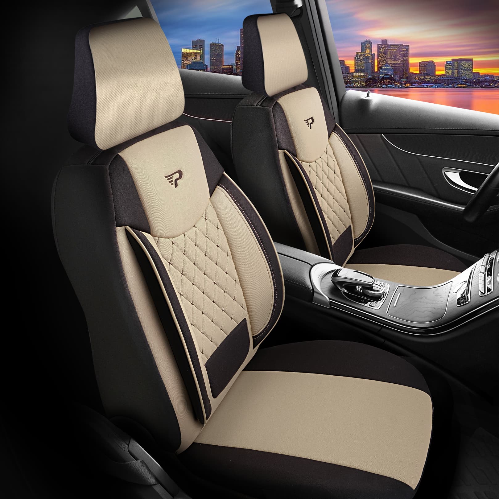 Fundas de asiento BRUSEL beige-negro en el interior del vehículo